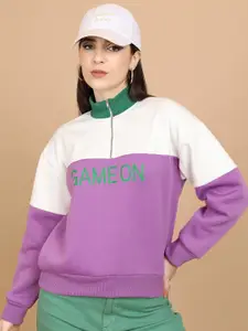 Tokyo Talkies Purple Colourblocked Mock Collar Pullover Sweatshirt
