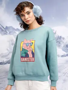 Tokyo Talkies Blue Graphic Printed Oversized Pullover Sweatshirt