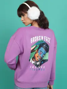 Tokyo Talkies Purple Graphic Printed Oversized Pullover Sweatshirt