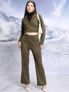 Tokyo Talkies Notched Lapel Collar Suede Crop Top & Trousers