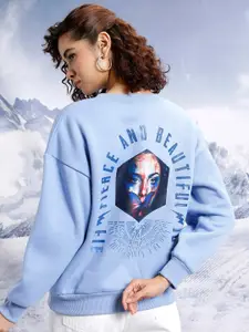 Tokyo Talkies Blue Graphic Printed Round Neck Oversized Pullover Sweatshirt