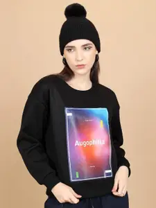 Tokyo Talkies Black Typography Printed Round Neck Oversized Pullover Sweatshirt