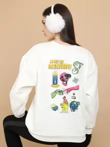 Tokyo Talkies White Graphic Printed Round Neck Oversized Pullover Sweatshirt