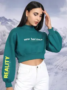 Tokyo Talkies Teal Green Typography Printed Crop Oversized Sweatshirt