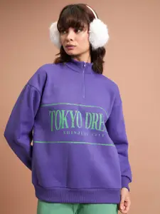 Tokyo Talkies Purple Typography Printed Oversized Pullover