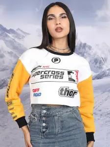 Tokyo Talkies White Typography Printed Crop Pullover Sweatshirt