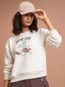 Tokyo Talkies White Graphic Printed Relaxed Fit Pullover Sweatshirts