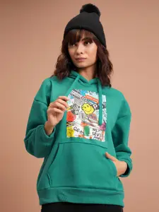 Tokyo Talkies Teal Graphic Printed Hooded Oversized Pullover Sweatshirt