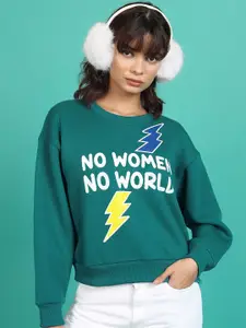 Tokyo Talkies Teal Typography Printed Relaxed Fit Pullover Sweatshirt