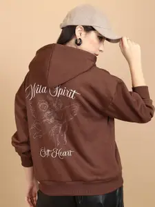 Tokyo Talkies Brown Graphic Printed Oversized Hooded Pullover Sweatshirt