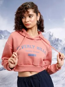 Tokyo Talkies Orange Typography Printed Hooded Relaxed Fit Crop Pullover Sweatshirt