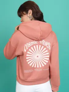 Tokyo Talkies Orange Typography Printed Relaxed Fit Hooded Sweatshirt