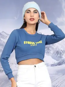 Tokyo Talkies Blue Typography Printed Long Sleeves Cropped Pullover