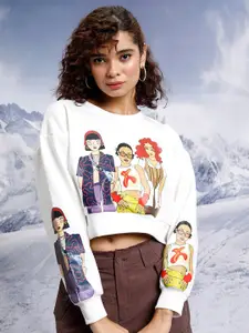 Tokyo Talkies White Graphic Printed Long Sleeves Cropped  Pullover