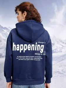 Tokyo Talkies Navy Blue Typography Printed Hooded Oversized Pullover