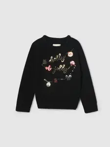 max Girls Self Design Embellished Acrylic Wool Pullover Sweater