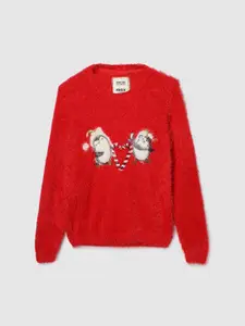 max Girls Self Design Fuzzy Pullover Sweater