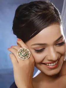 Anouk Gold-Plated Kundan-Studded & Pearl Beaded Adjustable Finger Ring