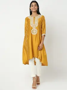 Ethnicity Floral Embroidered Puff Sleeves Thread Work A- Line Kurta