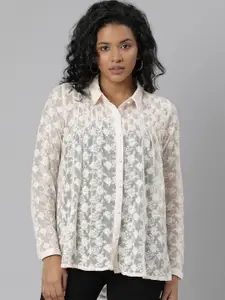 SHOWOFF Floral Embroidered Shirt Collar Semi Sheer Shirt Style Top