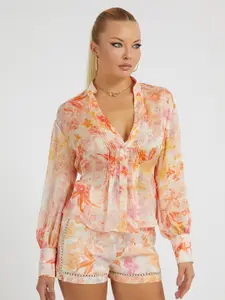 GUESS MONICA Floral Printed Mandarin Collar Casual Shirt With Pin Tucks