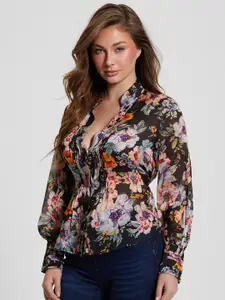 GUESS Floral Printed Mandarin Collar Casual Shirt With Pin Tucks