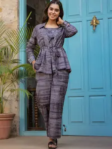 JISORA Printed Cotton Top & Trousers With Shrug