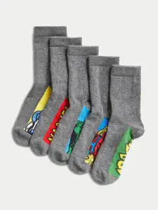 Marks & Spencer Boys Set Of 5 Marvel Patterned Calf-Length Cotton Socks