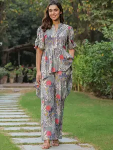 JISORA Grey Floral Printed Cotton Mandarin Collar Top With Trouser