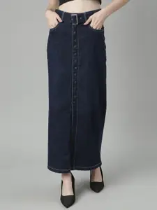 SHOWOFF Front-Slit Denim Belted A-Line Skirt