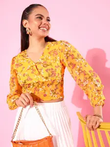 ANVI Be Yourself Yellow Floral Printed V-Neck Puff Sleeves Smocked Wrap Crop Top
