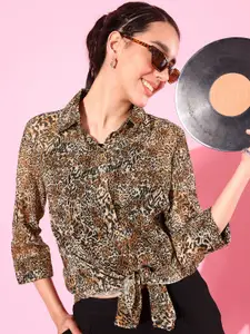 ANVI Be Yourself Animal Printed Smart Tailored Fit Chiffon Longline Casual Shirt