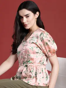 all about you Floral Print Cinched Waist Satin Finish Top