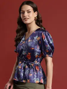 all about you Floral Print Satin-Finish Cinched Waist Top