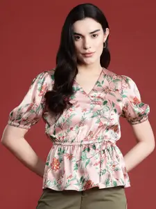 all about you Floral Print Cinched Waist Satin Finish Top