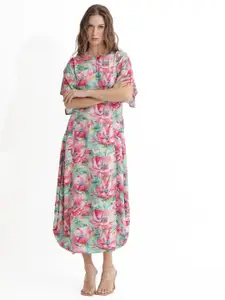RAREISM Floral Printed Flared Sleeves A-Line Midi Dress