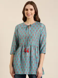 SHOWOFF Floral Printed Tie-Up Neck A-Line Kurti