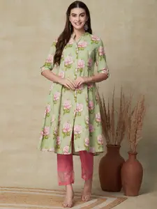 FASHOR Floral Printed Roll-Up Sleeves A-line Cotton Kurta