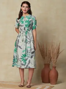 FASHOR Floral Printed Mandarin Collar Silk A-Line Midi Dress