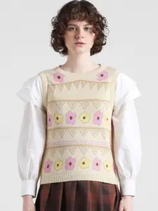 ONLY Onlverse Ls Knit-In Floral Self Designed Pure Cotton Pullover