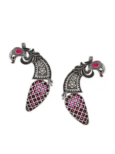Infuzze Silver-Plated Stone Studded Peacock Shaped Oxidised Ear Cuff