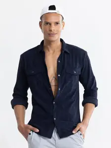 Snitch Navy Blue Classic Spread Collar Casual Shirt
