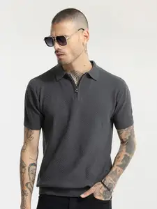 Snitch Grey Self Design Polo Collar Pure Cotton Slim Fit T-shirt