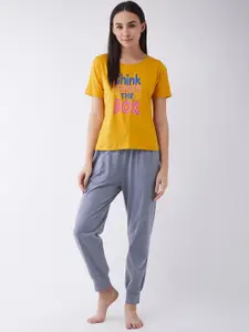 Miss Chase Typography Printed Pure Cotton T-shirt With Lounge Pant