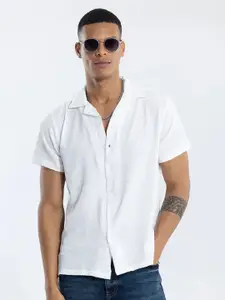 Snitch White Classic Floral Self Design Cuban Collar Casual Shirt