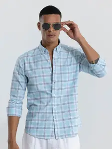Snitch Blue Classic Tartan Checked Button-Down Collar Slim Fit Pure Cotton Casual Shirt