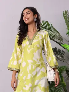 Varanga Women Floral Printed Flared Sleeves Sequinned Kurta