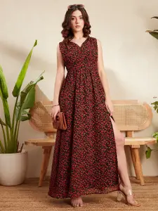 Berrylush Black & Red Floral Printed V-Neck Gathered Georgette Maxi Dress