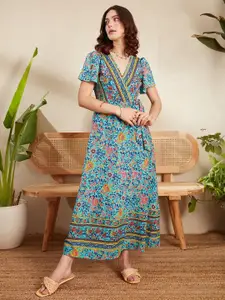 Berrylush Blue Ethnic Motifs Printed Flared Sleeve Tie Up Wrap Dress