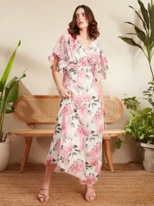 Berrylush White Floral Printed Flutter Sleeve Gathered Georgette Wrap Dress